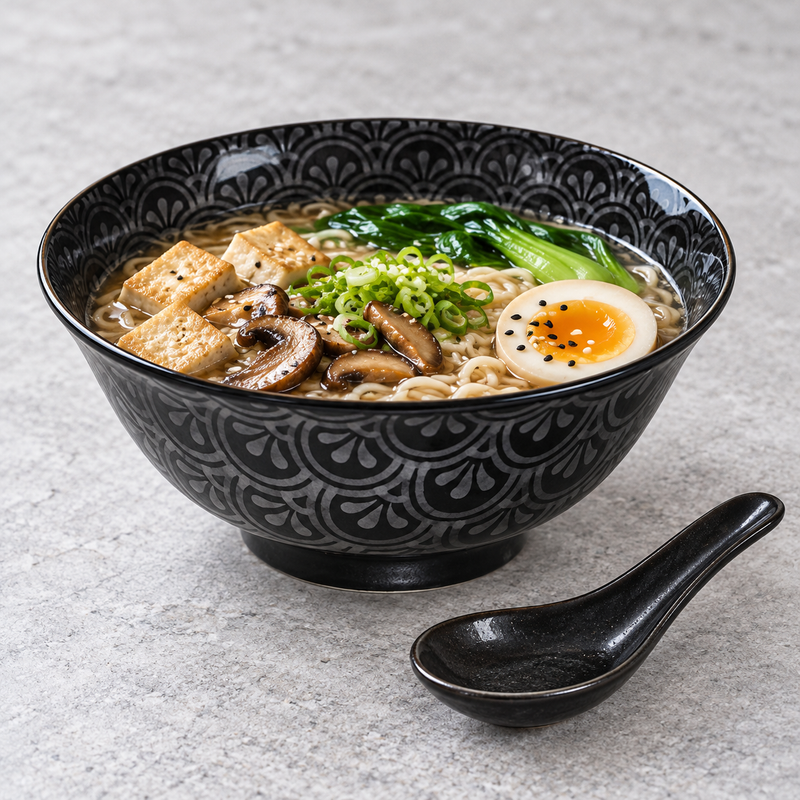 MY578-GSG patterned bowl with noodle broth, tofu pieces, mushrooms, greens, scallions and an egg half, with a black spoon beside it.