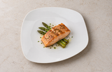 OAK-16 white porcelain egg-shaped plate with salmon and asparagus