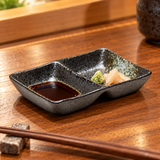 Black Oribe divided dish with soy sauce and condiments