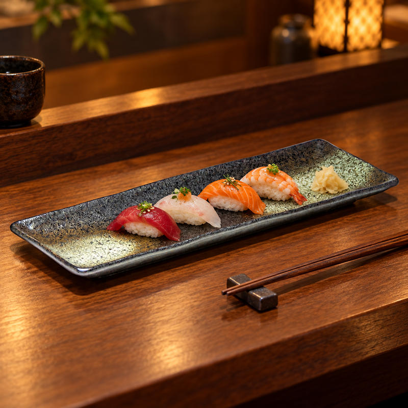 Black Oribe rectangular platter with nigiri