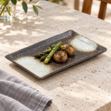 Mottled rectangular ceramic plate with vegetables