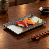 Mottled rectangular ceramic plate with nigiri