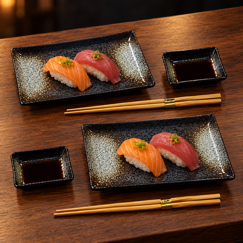 Black mottled sushi set arranged for two with nigiri