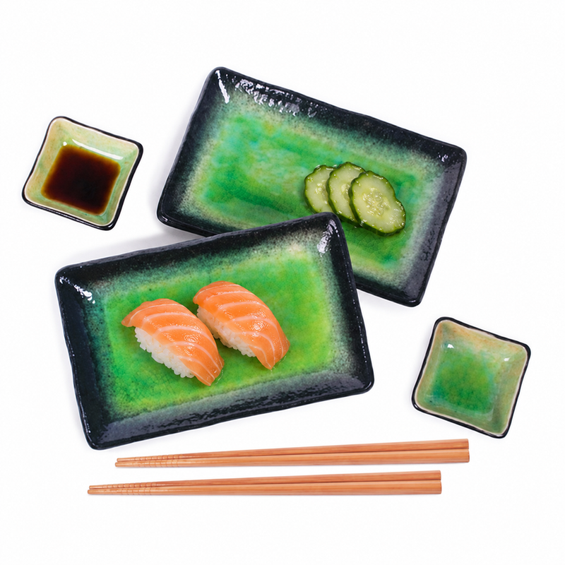 ORS6-LG green and black plates used for sushi with dipping sauce in companion dishes