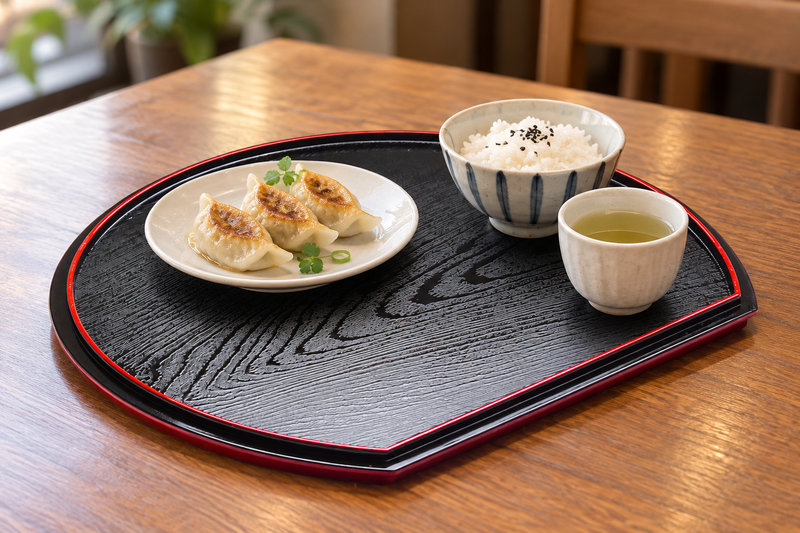 Black grain-textured side of OS16-M reversible half-moon lacquer tray with rice, tea and gyoza in separate dishes, serving suggestion
