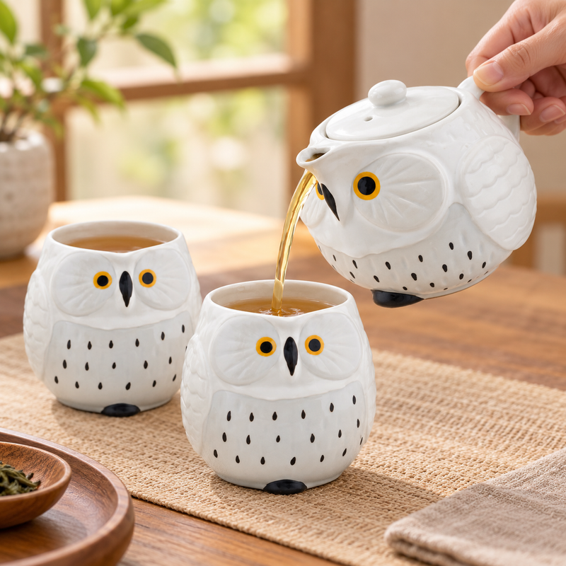 OWC4-W owl teapot pouring tea into one of two matching cups