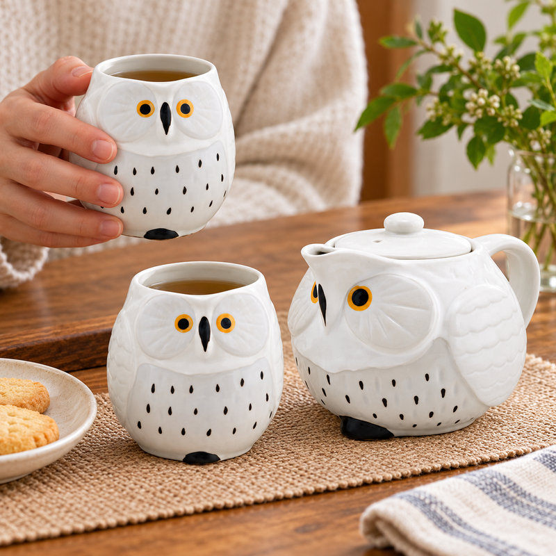 OWC4-W owl teapot and two cups during tea service
