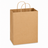 13 by 7 by 17 inch brown kraft paper bag in a higher near-front view showing the left gusset