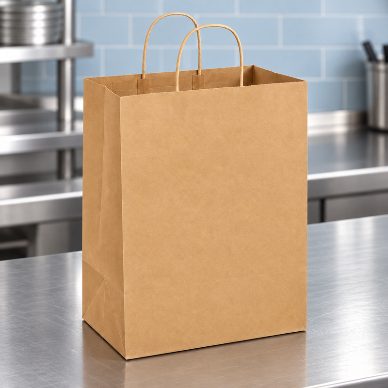 13 by 7 by 17 inch brown kraft paper bag with twisted handles on a brushed metal dispatch counter