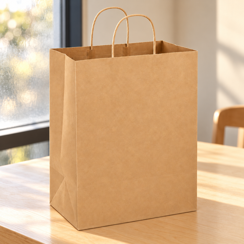 13 by 7 by 17 inch brown kraft paper bag with twisted handles on a light maple cafe table
