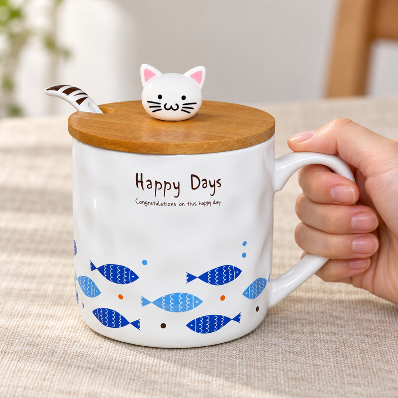 PC13-2 white Happy Days fish mug held by its handle