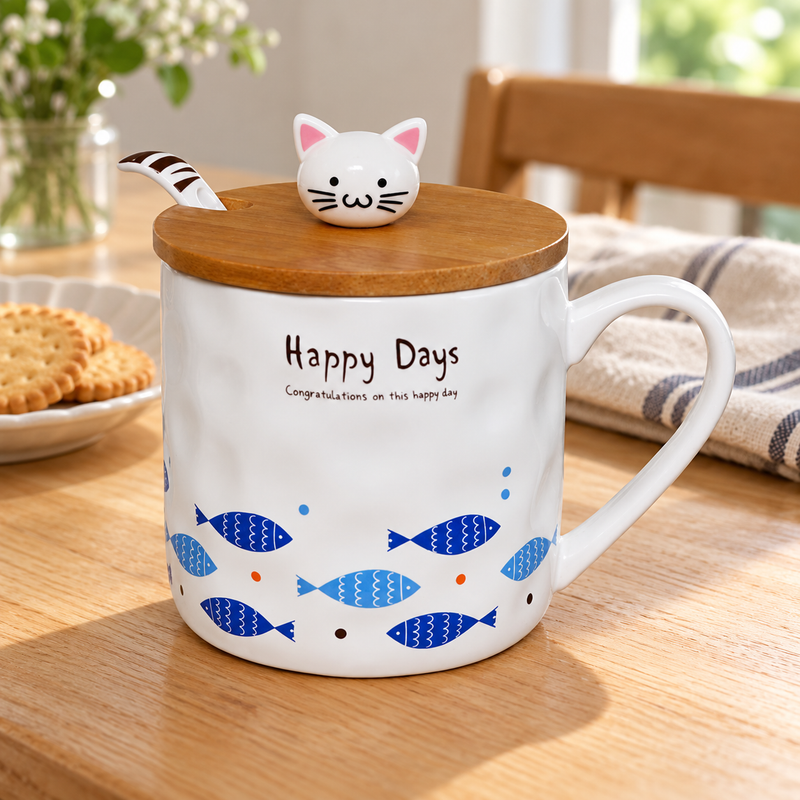 PC13-2 Happy Days fish mug with cat-face top at a cafe table