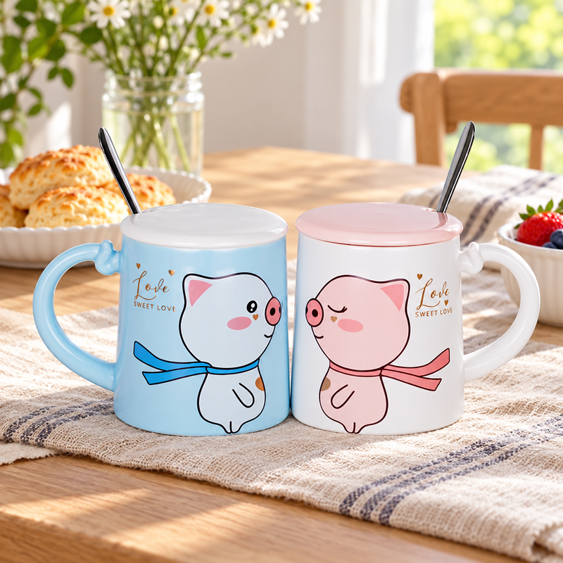 PC27-1 blue and pink pig mug designs arranged at a breakfast table
