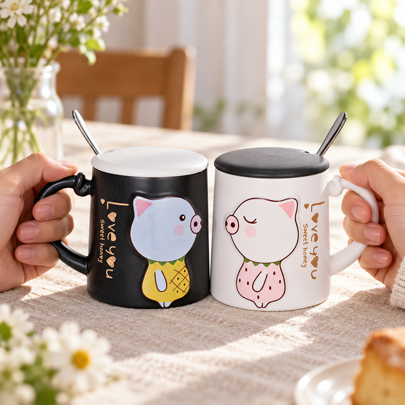PC27-2 black and white pig mugs held by their outside handles