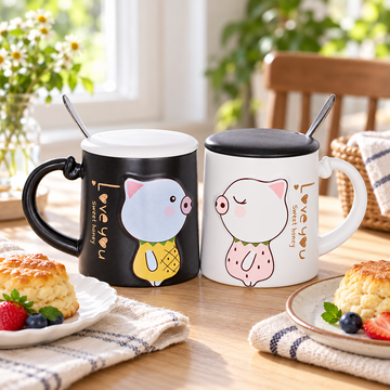 PC27-2 black and white pig mug designs at a breakfast table