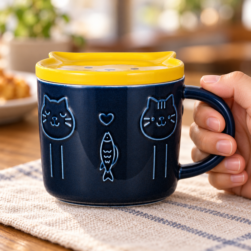 PC41-1 navy cat mug held by its handle with the yellow cat-face top in place