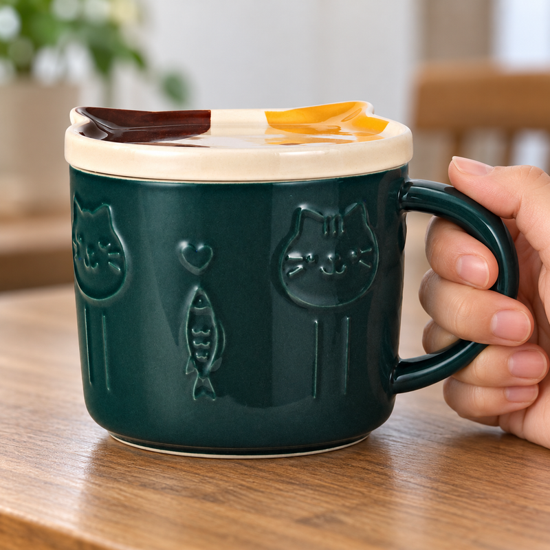 PC41-2 dark green cat mug held by its handle with the cream, brown and yellow top in place