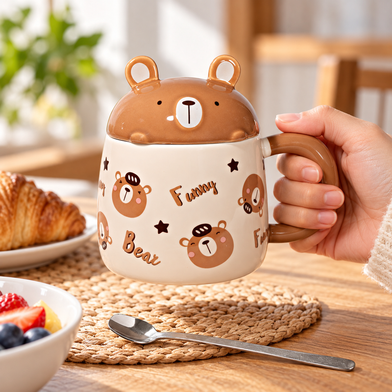 PC51-1 mug held by its handle with original character lid