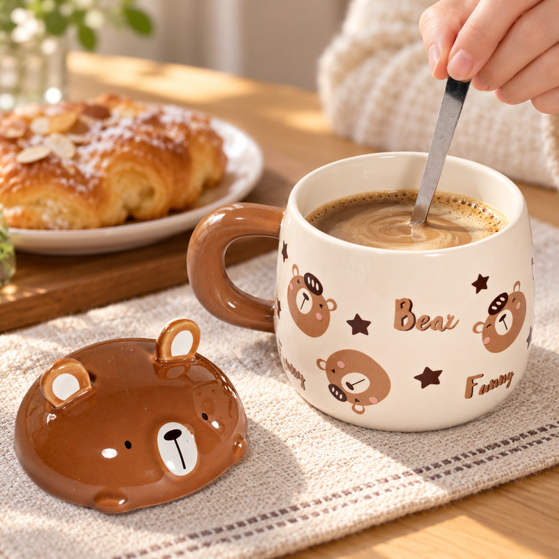 PC51-1 open bear mug with lid beside it and coffee being stirred