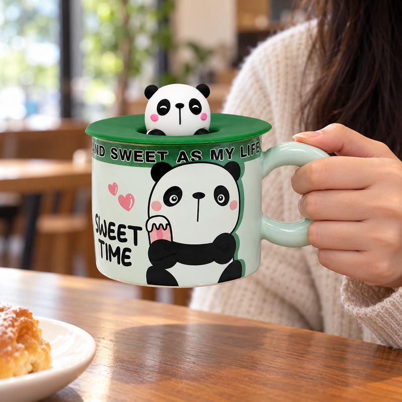 PC57-1 mug held by its handle with original character lid