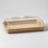 PH-07 empty kraft sushi tray with fitted clear lid in an elevated three-quarter view