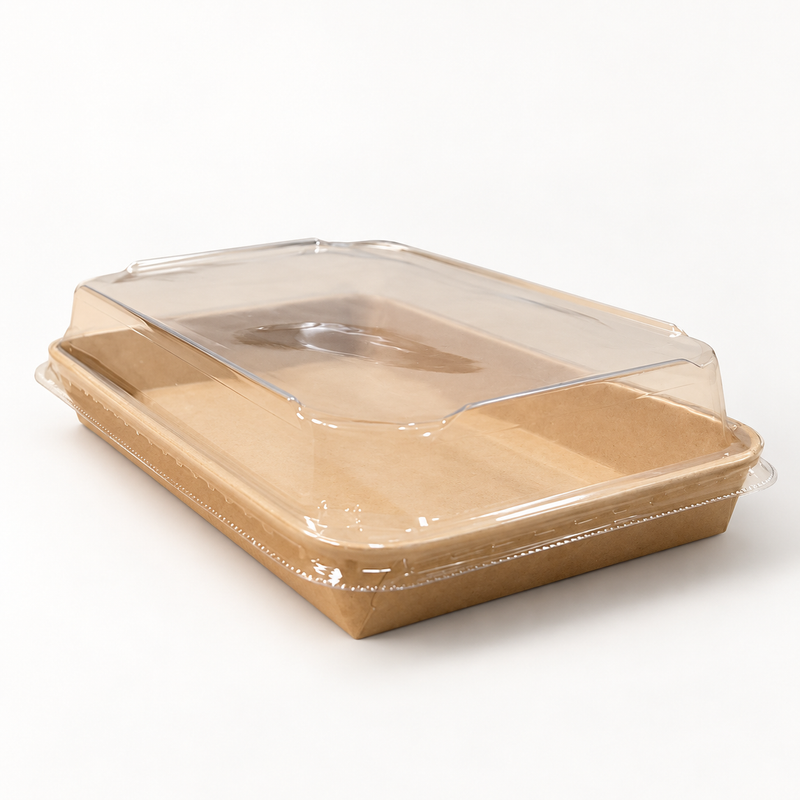 PH-09 empty kraft sushi tray with clear lid in an elevated three-quarter view