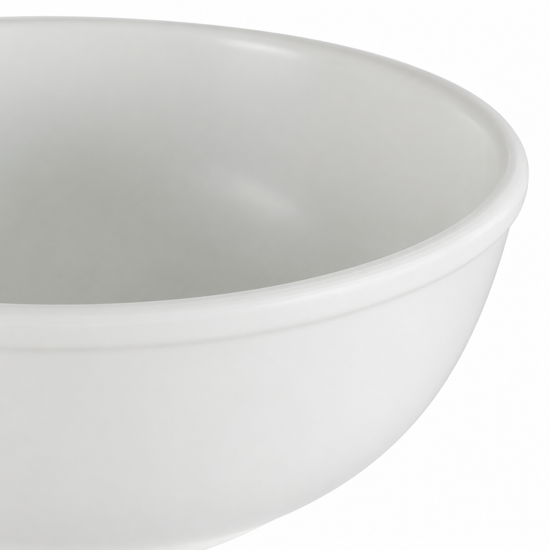 Close detail of the plain round rim and smooth curved white side of the PH5010TW melamine noodle bowl.