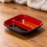 313-BR black and red serving piece with dipping sauces. Serving suggestion.