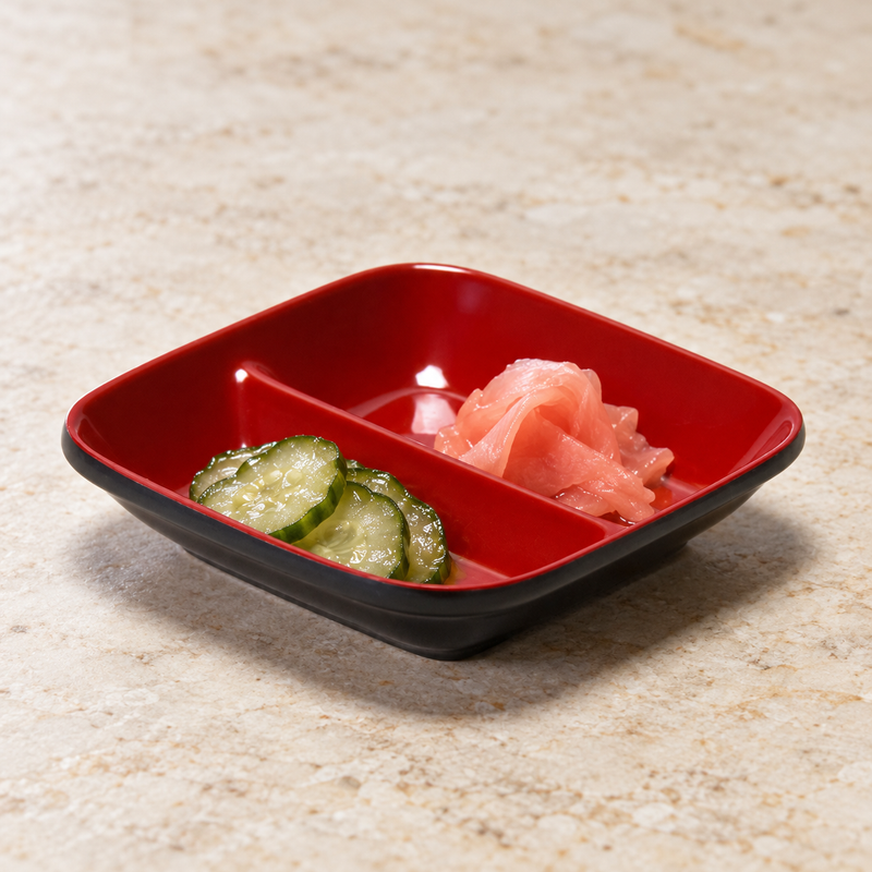 313-BR black and red serving piece with small pickled accompaniments. Serving suggestion.