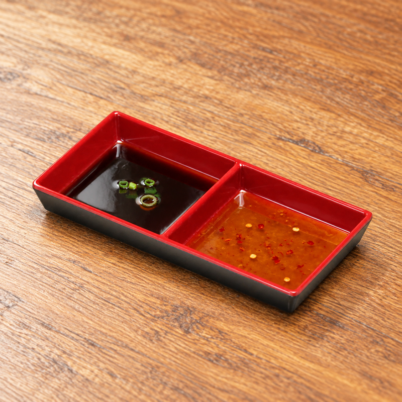 327-BR black and red serving piece with dipping sauces. Serving suggestion.