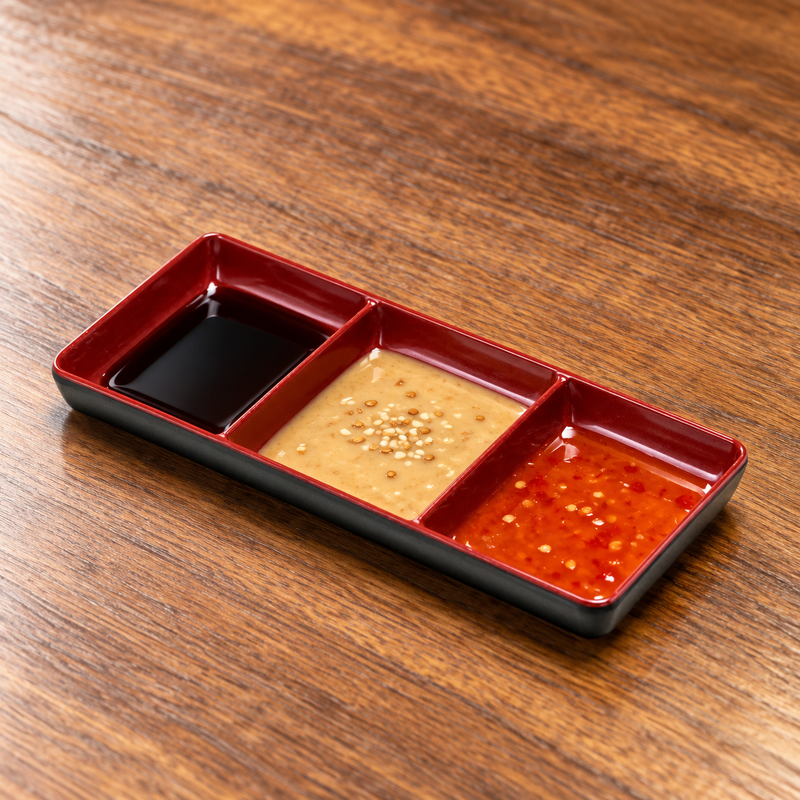 337A-BR black and red serving piece with dipping sauces. Serving suggestion.