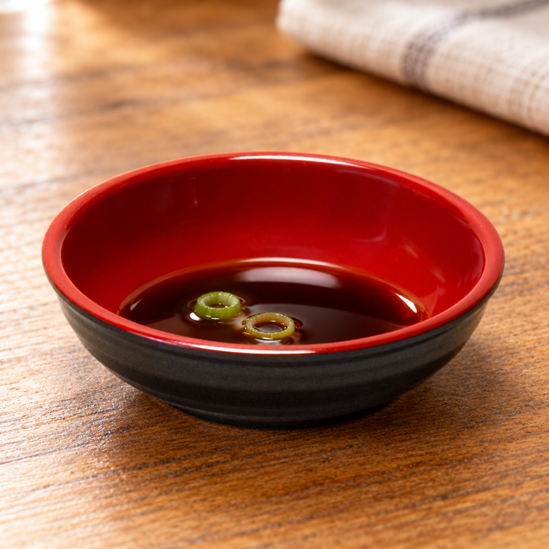 5410-BR black and red serving piece with dipping sauces. Serving suggestion.
