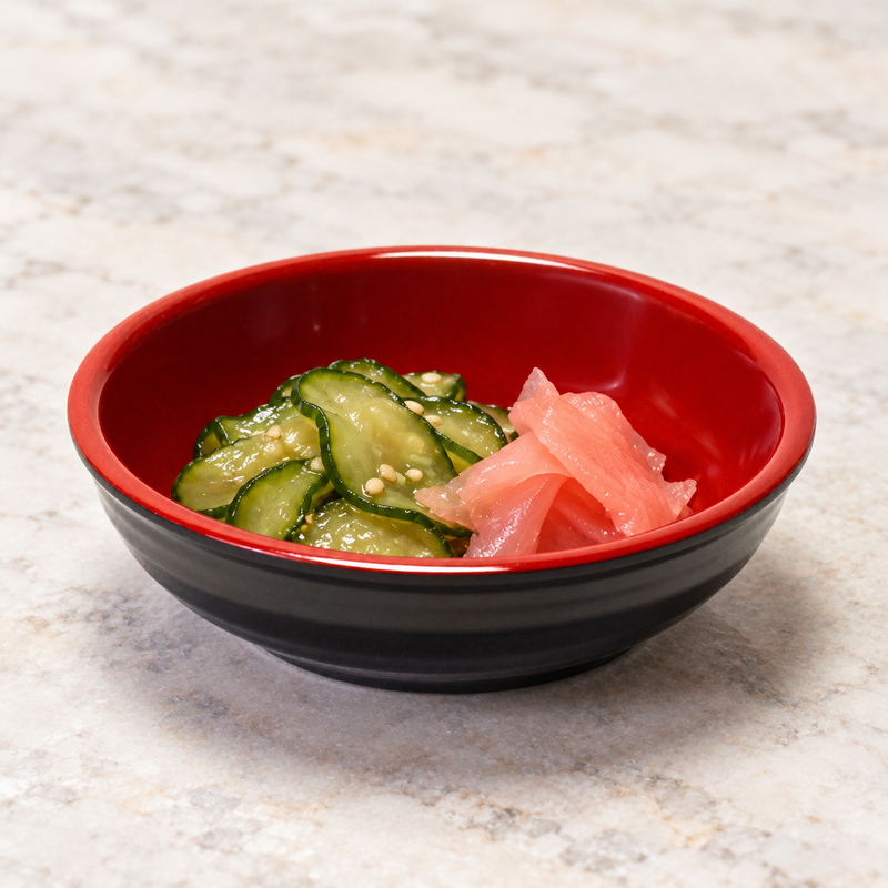 5410-BR black and red serving piece with small pickled accompaniments. Serving suggestion.