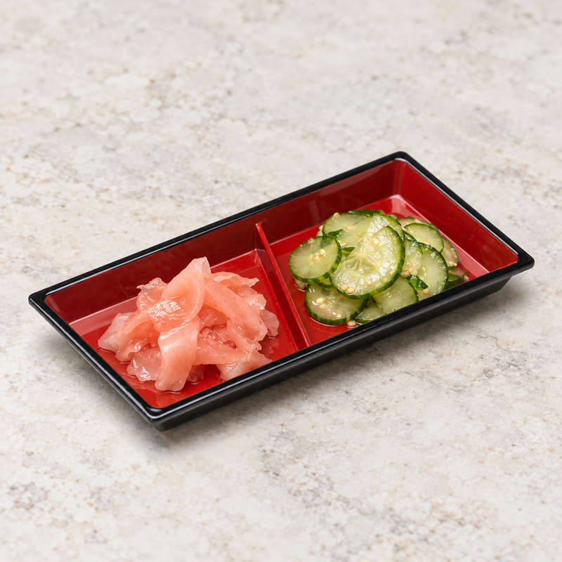 WO-12 black and red serving piece with small pickled accompaniments. Serving suggestion.