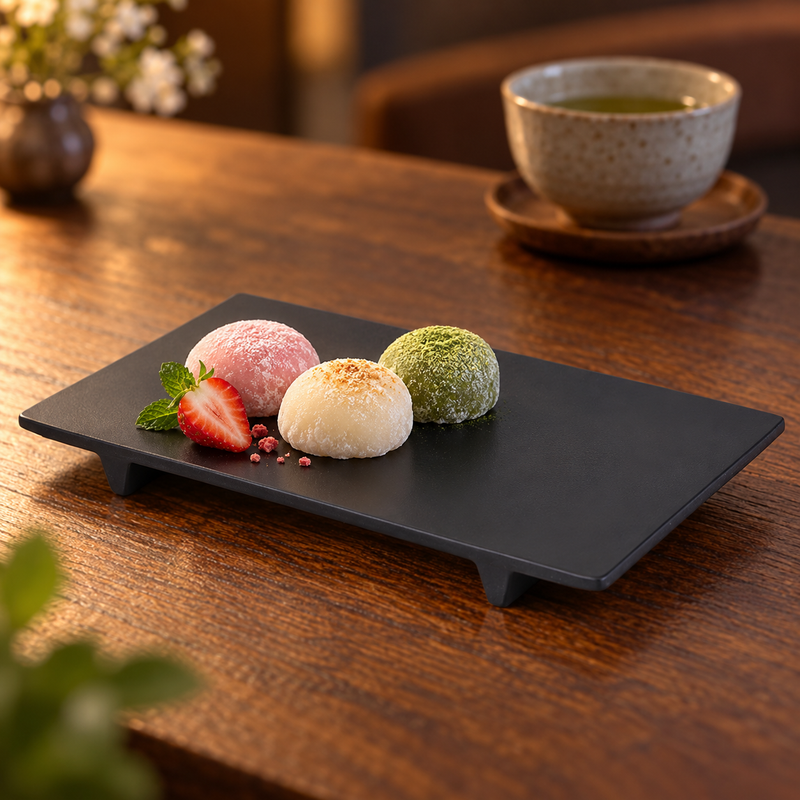 Black footed rectangular melamine plate serving three mochi sweets beside tea