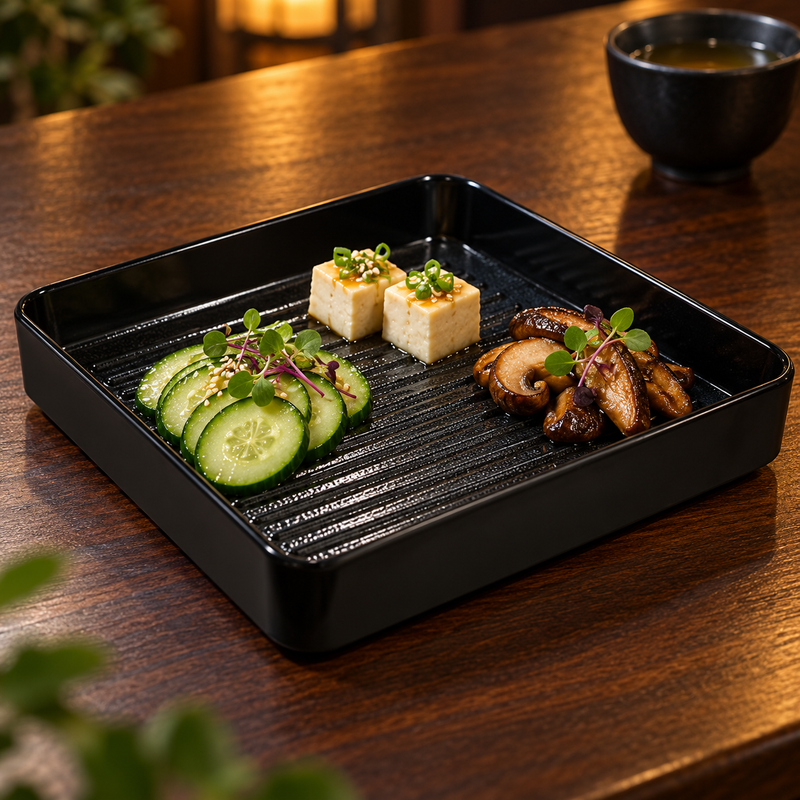 Black square ridged-base melamine plate presenting separate tofu, cucumber and mushroom appetizers