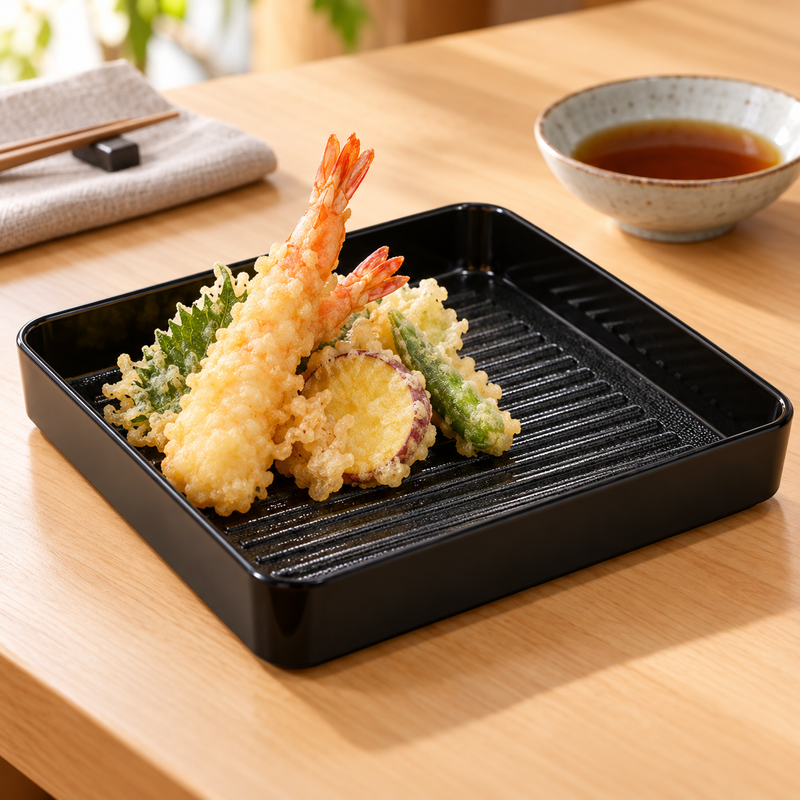 Glossy black square ridged-base melamine plate serving shrimp and vegetable tempura