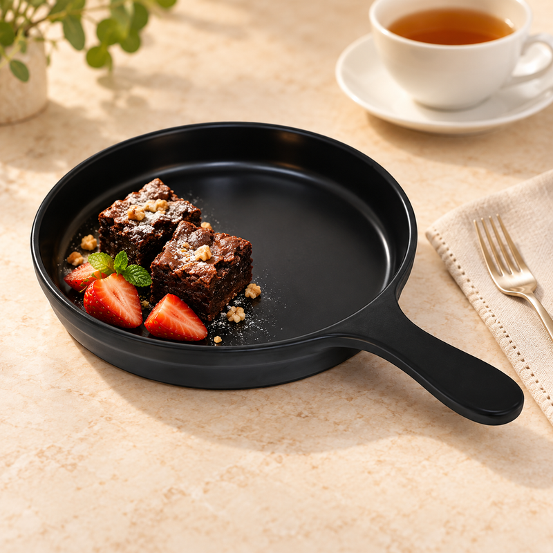 Black round handled melamine serving plate with small brownies and strawberries at a cafe table