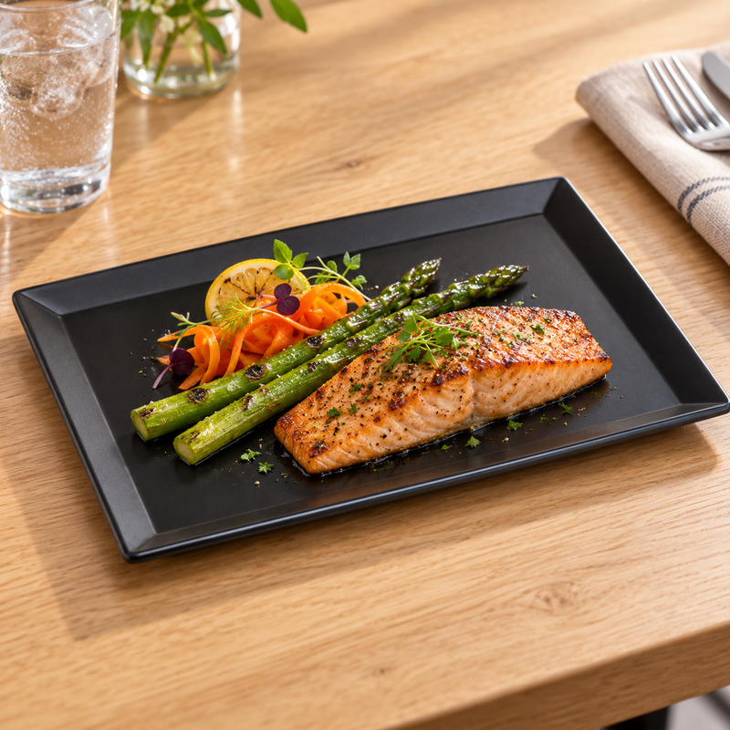 Black rectangular melamine plate with a salmon main course on a light oak table