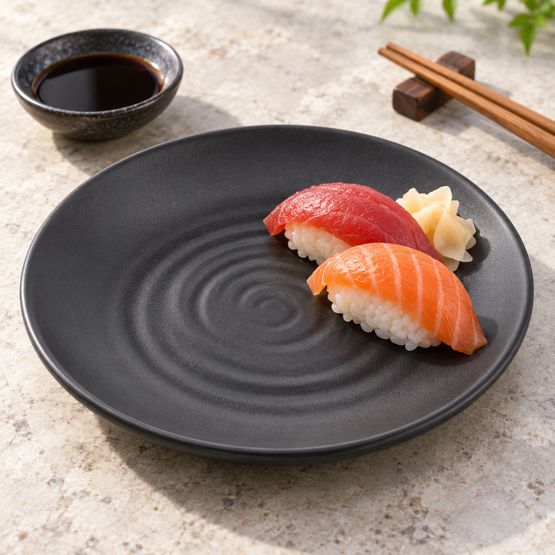 Six-inch black ripple-center melamine plate with two nigiri sushi pieces
