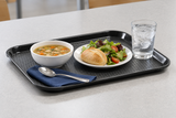 PLFFT1418B black tray carrying soup, a salad plate and a water glass