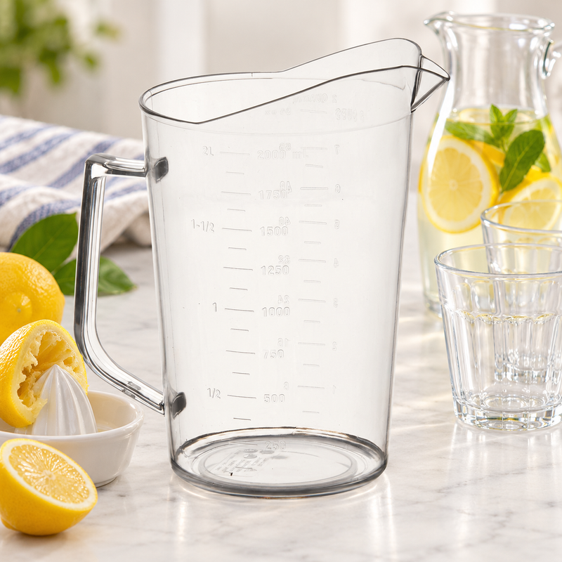 Empty PMU-200 measuring cup beside separate citrus reamer, lemons, pitcher and glasses