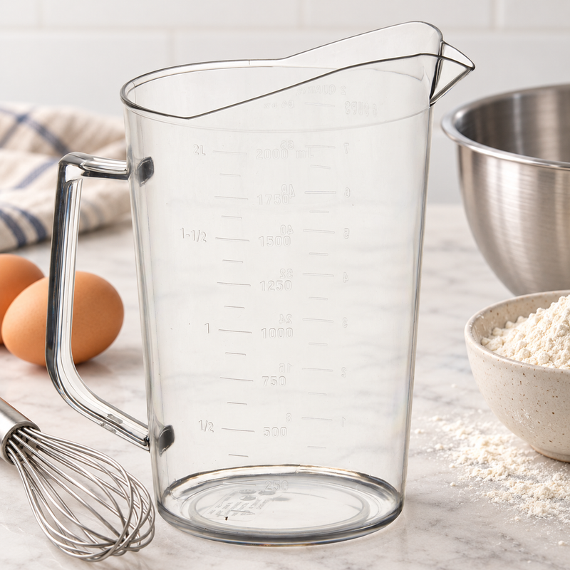 Empty PMU-200 measuring cup staged with separate baking tools and ingredients
