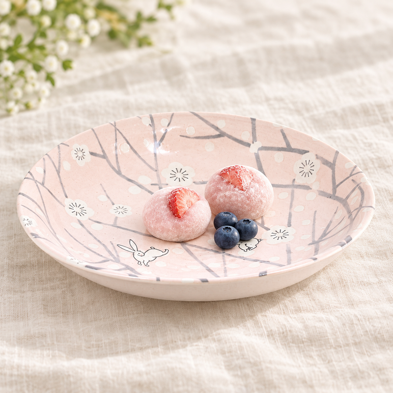Pink rabbit and blossom plate with strawberry mochi and blueberries