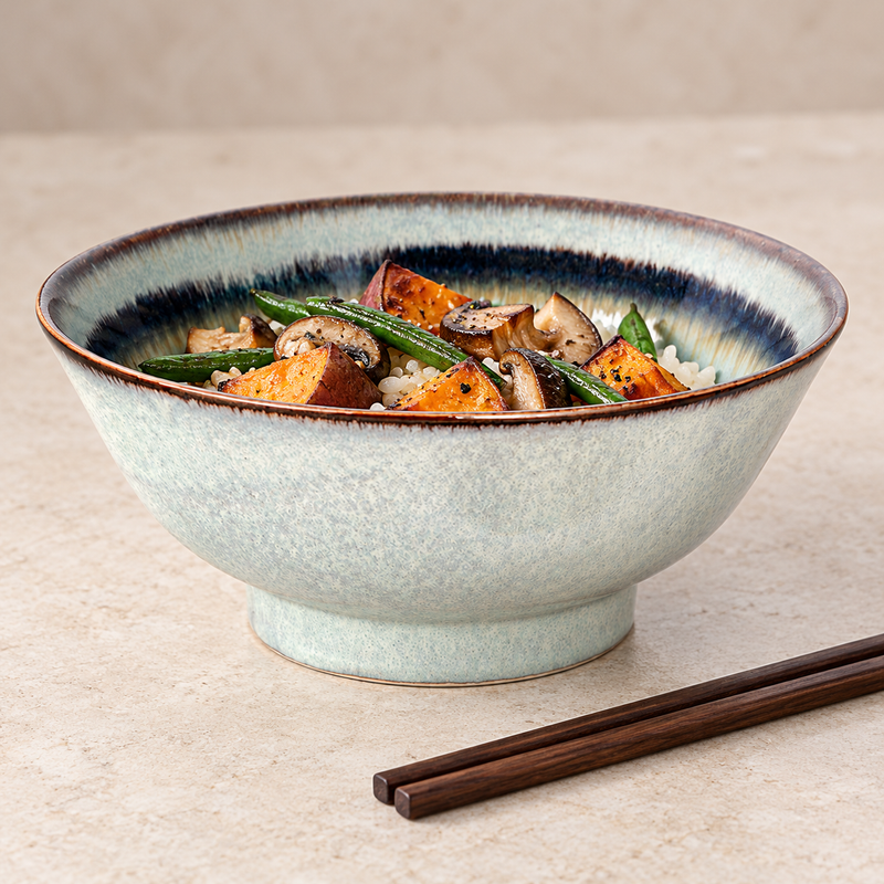 PZ0068 bowl with rice, orange vegetable chunks, mushrooms and long green beans, with wooden chopsticks separately outside lower right.