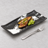 R215-B: 11.25" x 5" Rectangular Ceramic Sushi Plate, Black, White. food-service context