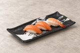 R215-B: 11.25" x 5" Rectangular Ceramic Sushi Plate, Black, White. Restaurant serving context