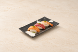 R285-B: 8.65" x 5" Rectangular Ceramic Sushi Plate, Black, White — Black & White Brush Stroke Design. Restaurant serving context