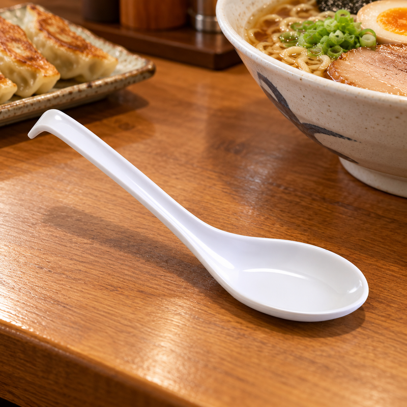 023-W white melamine spoon in a meal setting