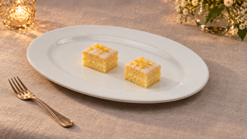 RCN-13 white porcelain oval plate with two petite lemon cakes on a linen-covered table